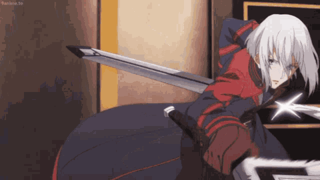 a girl with white hair is holding a sword in a anime scene