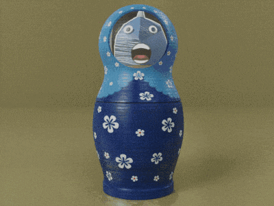 a blue green and orange nesting doll with a surprised face on it