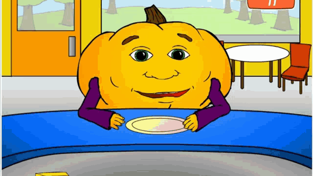 a cartoon drawing of a pumpkin sitting at a table