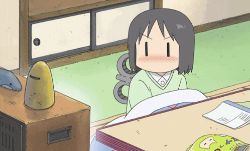 a cartoon drawing of a girl sitting at a desk with a book on it