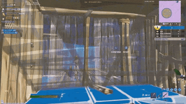 a person is playing a video game called fortnite and they are standing on a blue surface .