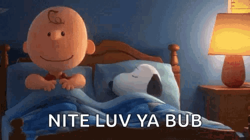 charlie brown and snoopy are sleeping in a bed with the words " nite luv ya bub " below them