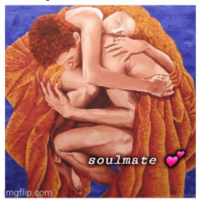 a painting of a man and a woman hugging with the words soulmate above them