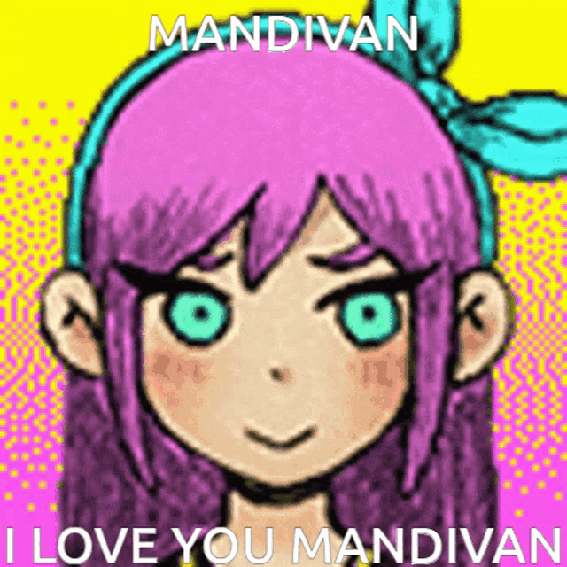 a picture of a girl with purple hair and green eyes that says i love you mandivan .