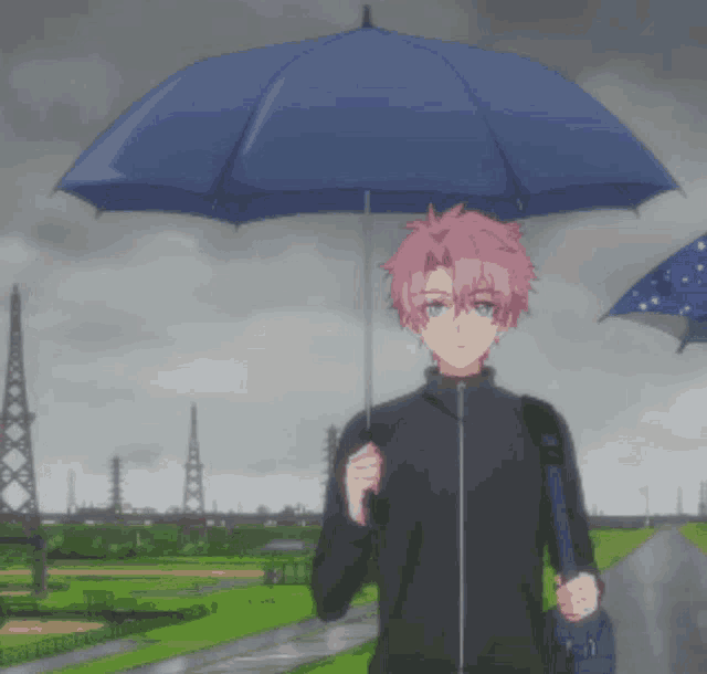 a person with pink hair is holding a blue umbrella in the rain