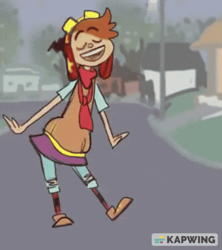 a cartoon character is walking down a street with a kapwing logo in the corner