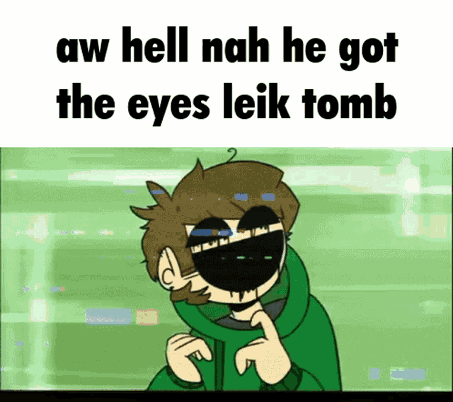 a cartoon of eddsworld with a green jacket and black eyes .