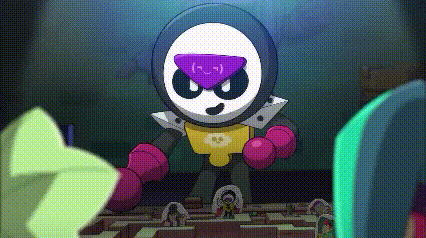 a cartoon character with a purple mask is standing in front of a group of people in a room .