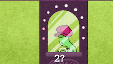 a cartoon character wearing a pink hat is looking out a window with a question mark on it