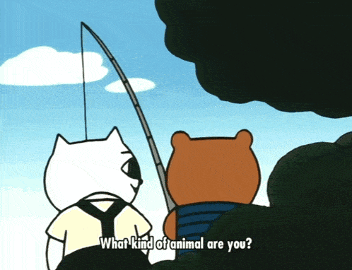 a cartoon of a cat and a bear fishing and the bear asks the cat what kind of animal are you