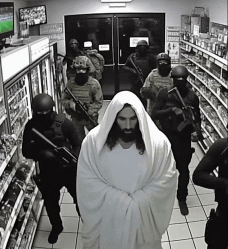 jesus is surrounded by soldiers in a store