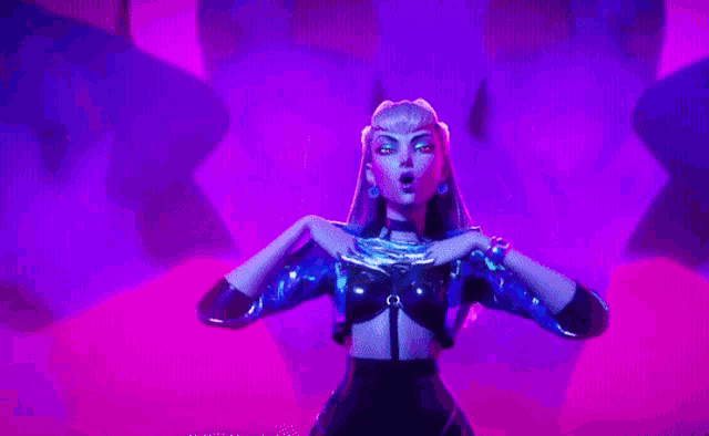 a woman with purple hair is dancing in a purple room