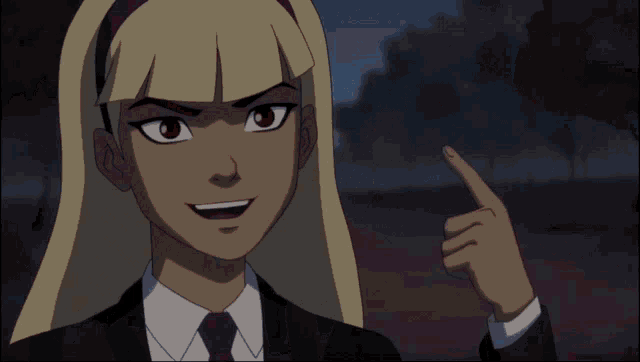 a cartoon girl in a suit and tie is holding a red object