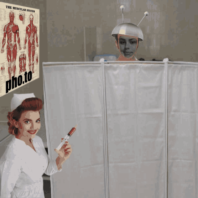 a nurse is holding a syringe in front of a poster that says ph.to