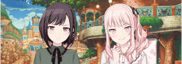 two anime girls are standing next to each other in front of a building