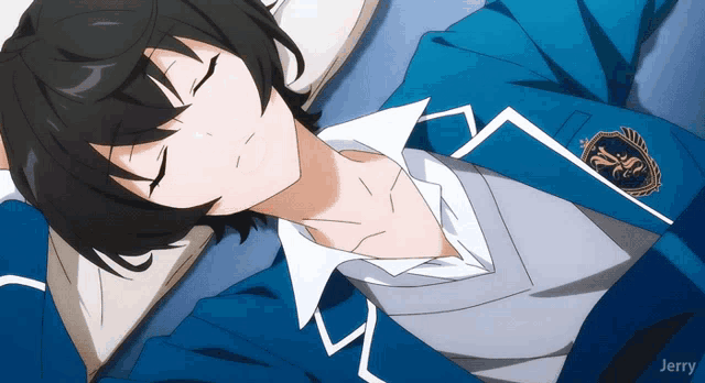 a boy in a school uniform is laying down with his eyes closed and jerry written in the corner