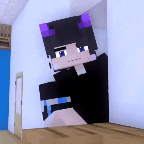a drawing of a minecraft character with purple hair