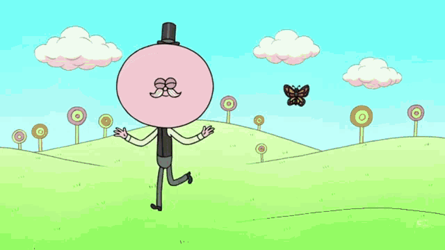 a cartoon character in a top hat is running in a field with a butterfly in the background