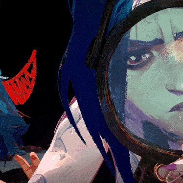 a painting of a woman with blue hair and a magnifying glass on her face