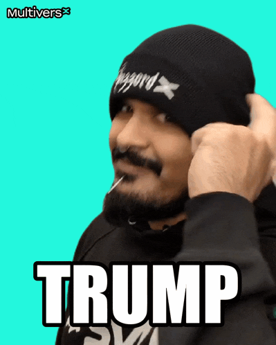 a man with a beard is wearing a beanie and the word trump is on a green background