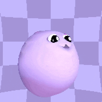 a pixel art of a purple ball with a face on a purple checkered background .