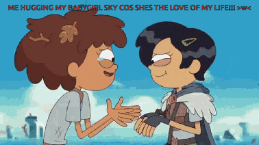 a cartoon of two girls shaking hands with the caption " me hugging my babygirl sky cos she 's the love of my life !!! "