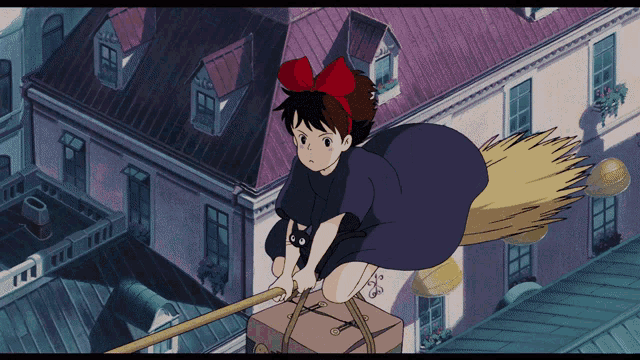 a girl with a red bow is flying on a broom over a building