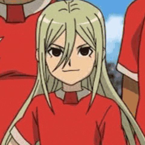 a cartoon character with long blonde hair and a red shirt and tie is standing in front of a group of people .
