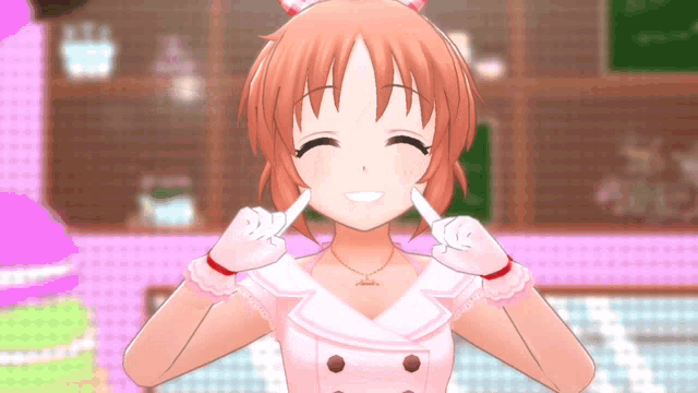 a girl in a pink dress is smiling and making a funny face