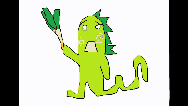 a drawing of a green monster with a surprised face
