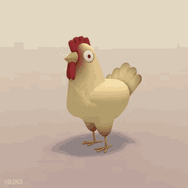 a cartoon chicken with a red crest is walking on a pink background