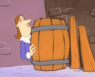 a cartoon of a man holding a wooden barrel