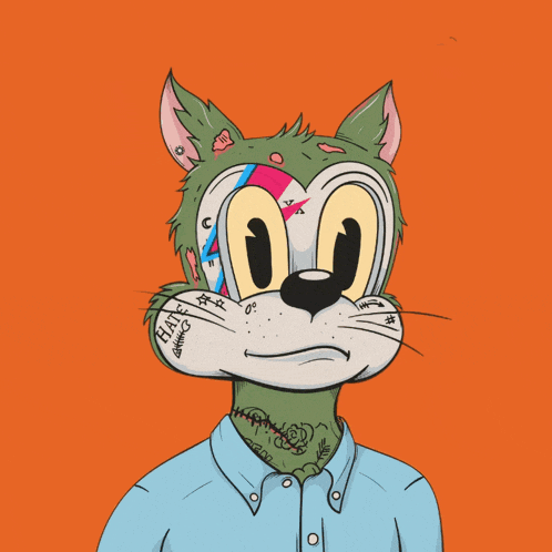 a cartoon drawing of a cat with a swirl on its face