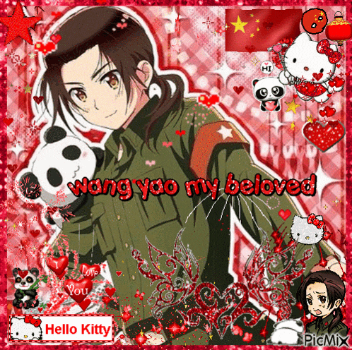a picture of a man holding a panda bear with the words wang you my beloved above him