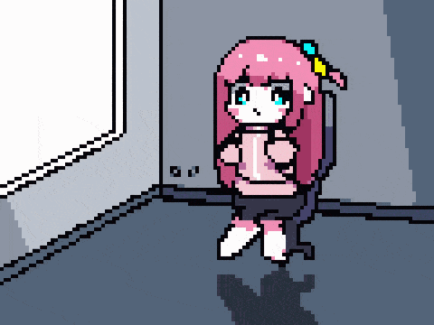 a pixel art of a girl sitting in a chair