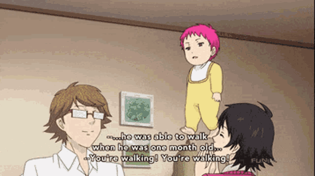 a cartoon of a man holding a baby with the words " he was able to walk " on the bottom