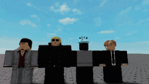 a group of roblox characters standing next to each other with a blue sky in the background