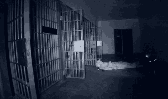 a person laying on the floor in a jail cell