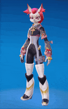 a cartoon character with a fox 's head and pink hair is standing on a blue background