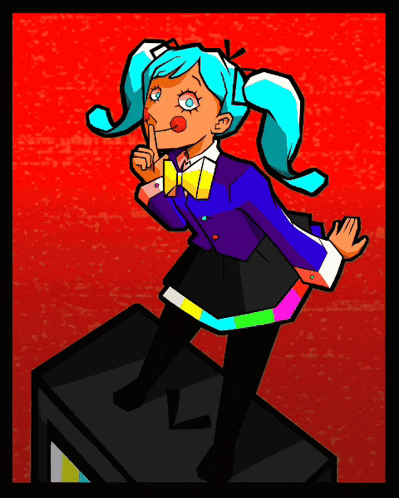 a girl with blue hair is standing on top of a television with her finger on her lips