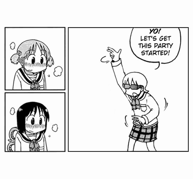 a black and white cartoon of two girls saying let 's get this party started .