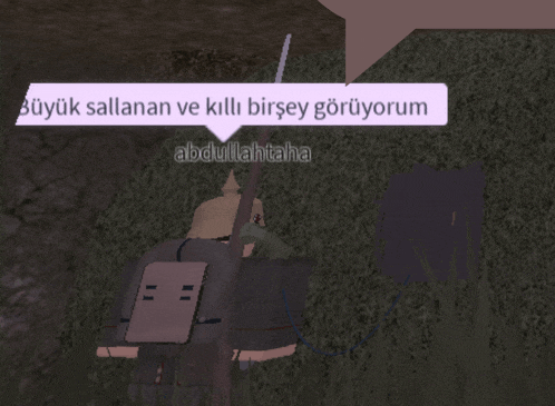 a video game character with a speech bubble that says büyük sallanan ve killi birsey goruyorum abdullah taha