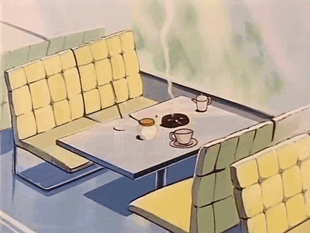 a cartoon drawing of a diner with a table , chairs , cups , and a cigarette on it .