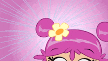 a close up of a cartoon character with pink hair and a yellow flower in her hair .