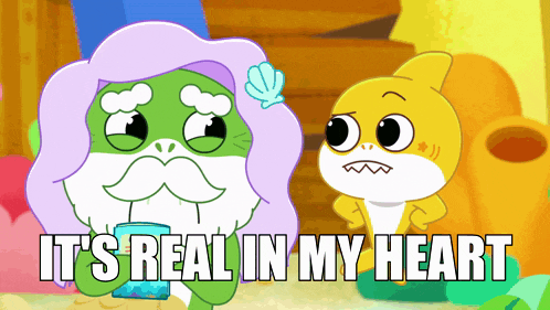 a cartoon character says it 's real in my heart next to another character