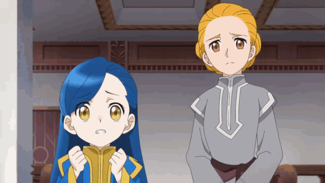 a girl with blue hair is standing next to a boy