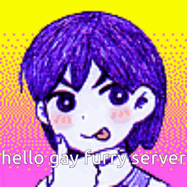 a pixel art of a girl with purple hair and the words `` hello gay furry server '' below her .