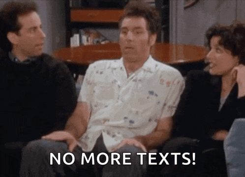 a man is sitting on a couch with two other people and says `` no more texts ! ''