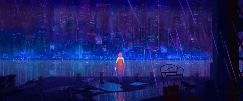 a man is standing in the rain in front of a futuristic city .