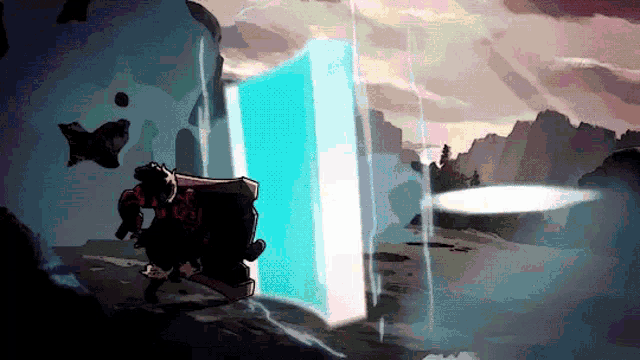a cartoon drawing of a person standing in front of a blue box